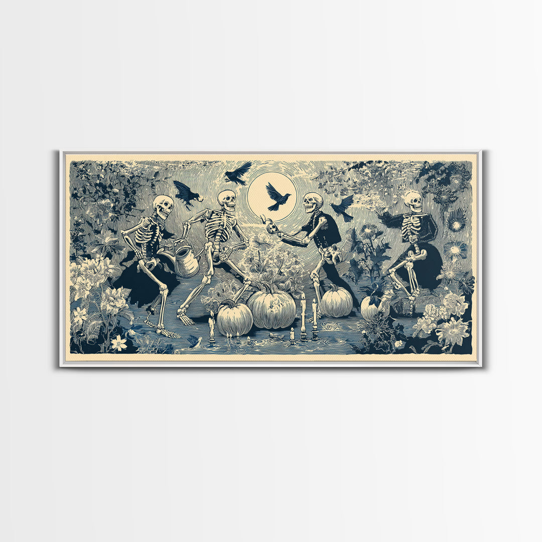 The Skeleton Gardeners, Macabre Folk Print Art, Wide Panoramic Art, Macabre Wall Art, Canvas Print, Halloween Wall Art