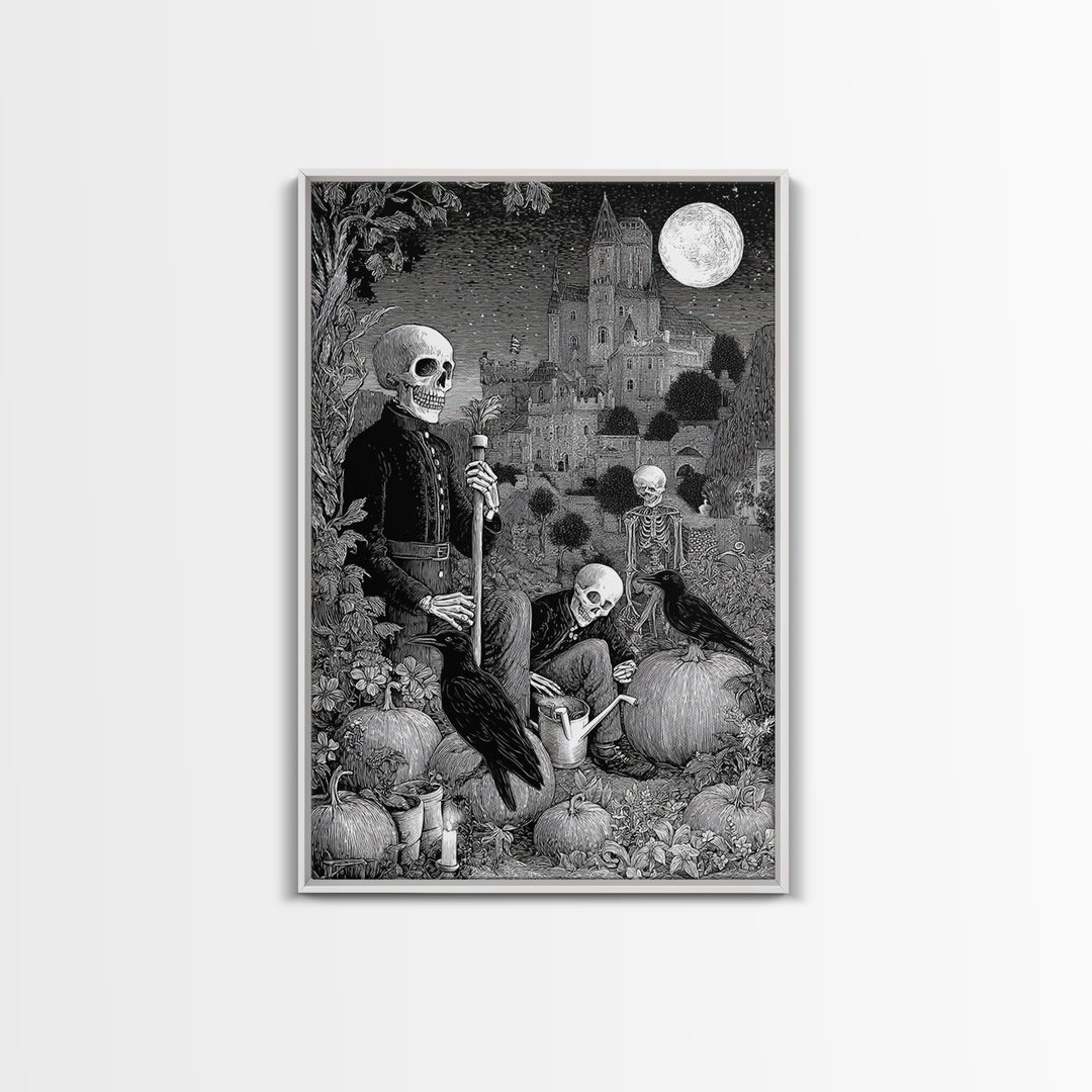 The Skeleton Gardeners, Victorian Macabre Art, Vertical Wall Art, Dark Fantasy Wall Art, Canvas Print, Halloween Wall Art
