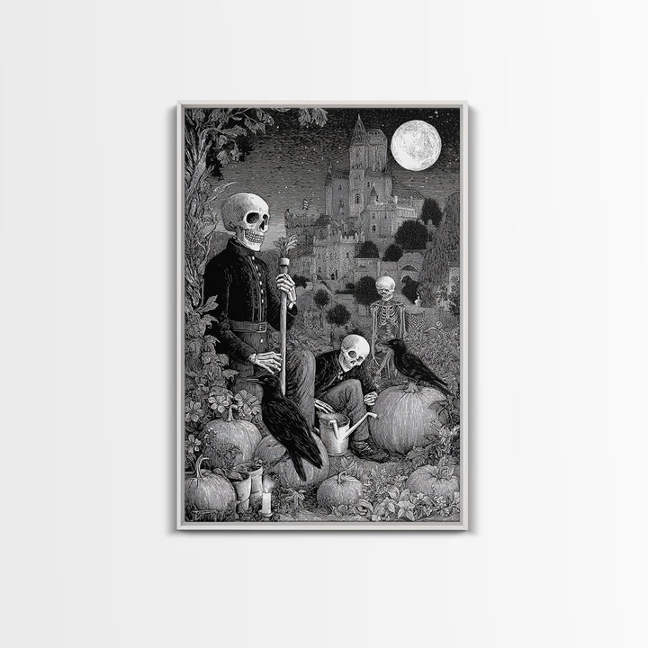 The Skeleton Gardeners, Victorian Macabre Art, Vertical Wall Art, Dark Fantasy Wall Art, Canvas Print, Halloween Wall Art
