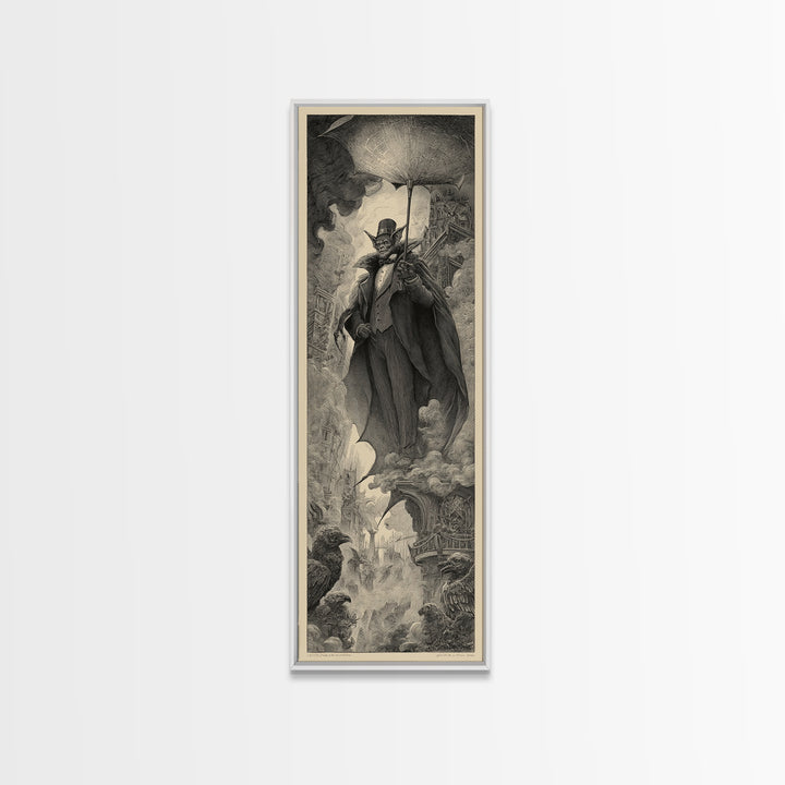 The Bat Umbrella Salesman, Gothic Engraving Art, Tall Narrow Wall Art, Macabre Wall Art, Canvas Print, Halloween Wall Art