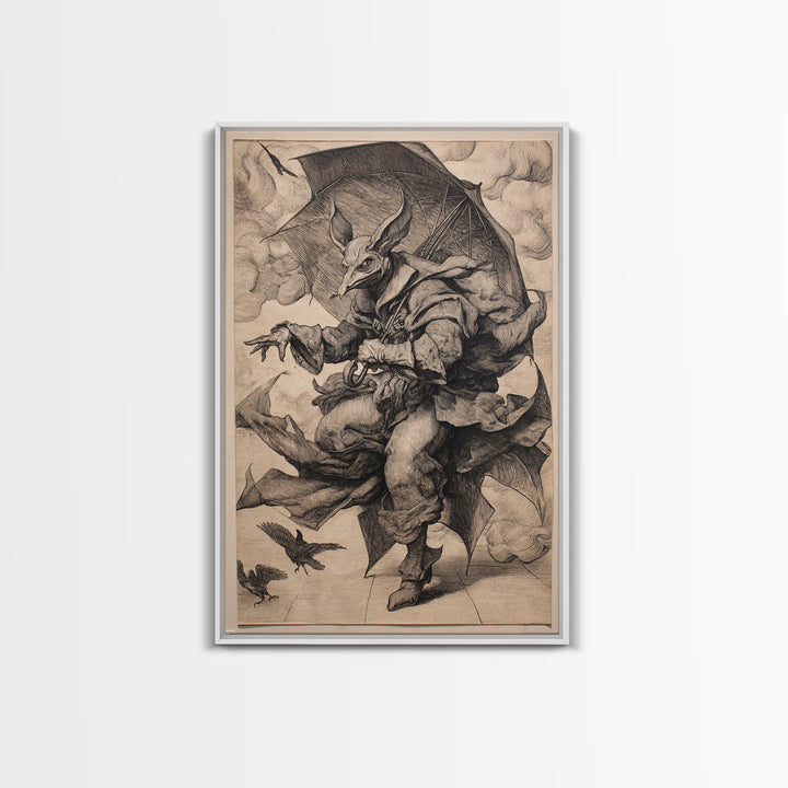 The Bat Umbrella Salesman, Renaissance Engraving Art, Vertical Wall Art, Dark Halloween Decor, Framed Canvas Print, Halloween Wall Art