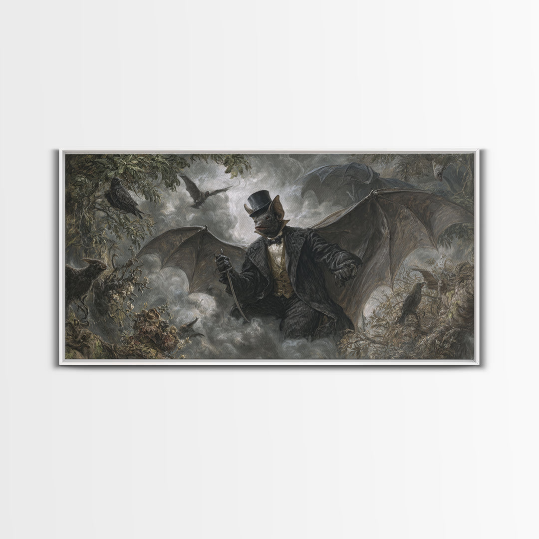 The Bat Umbrella Salesman, Baroque Witchcraft Art, Wide Panoramic Art, Dark Fantasy Wall Art, Canvas Print, Halloween Wall Art