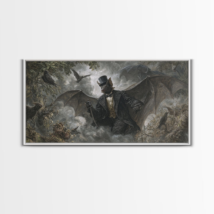 The Bat Umbrella Salesman, Baroque Witchcraft Art, Wide Panoramic Art, Dark Fantasy Wall Art, Canvas Print, Halloween Wall Art