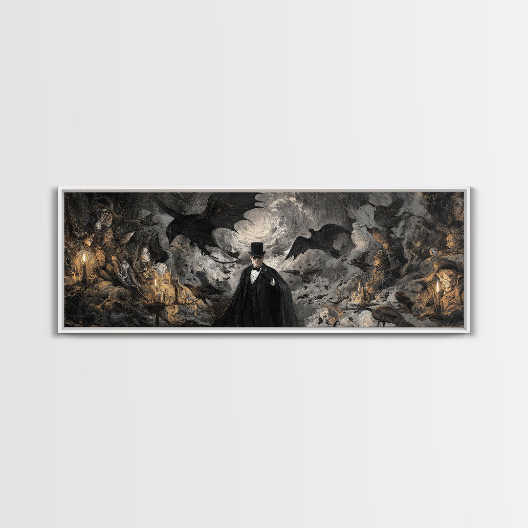 The Bat Umbrella Salesman, Dark Romantic Horror Art, Extra Wide Wall Art, Dark Halloween Decor, Canvas Print, Halloween Wall Art