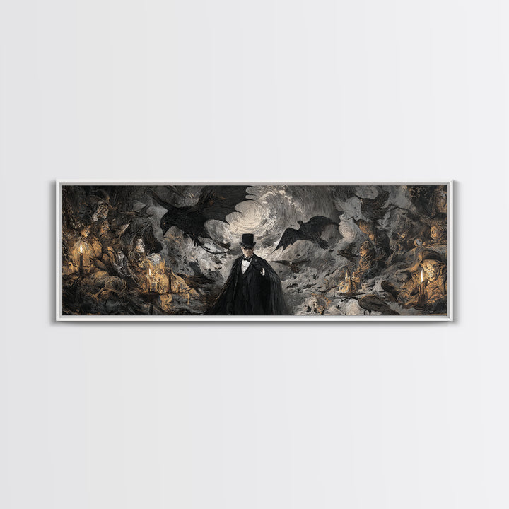 The Bat Umbrella Salesman, Dark Romantic Horror Art, Extra Wide Wall Art, Dark Halloween Decor, Canvas Print, Halloween Wall Art