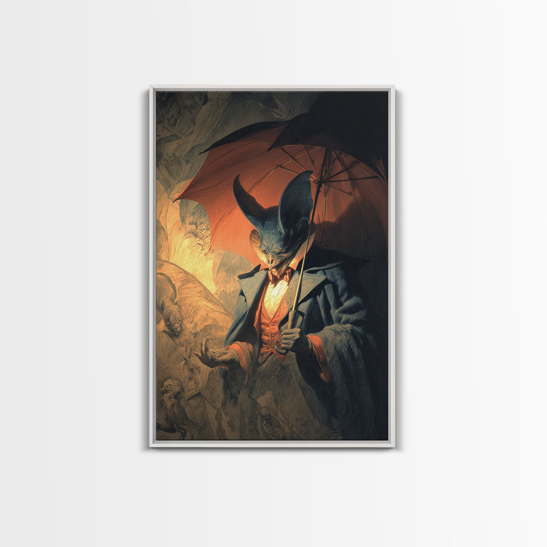 The Bat Umbrella Salesman, Gothic Nightmare Art, Vertical Wall Art, Dark Halloween Decor, Canvas Print, Halloween Wall Art