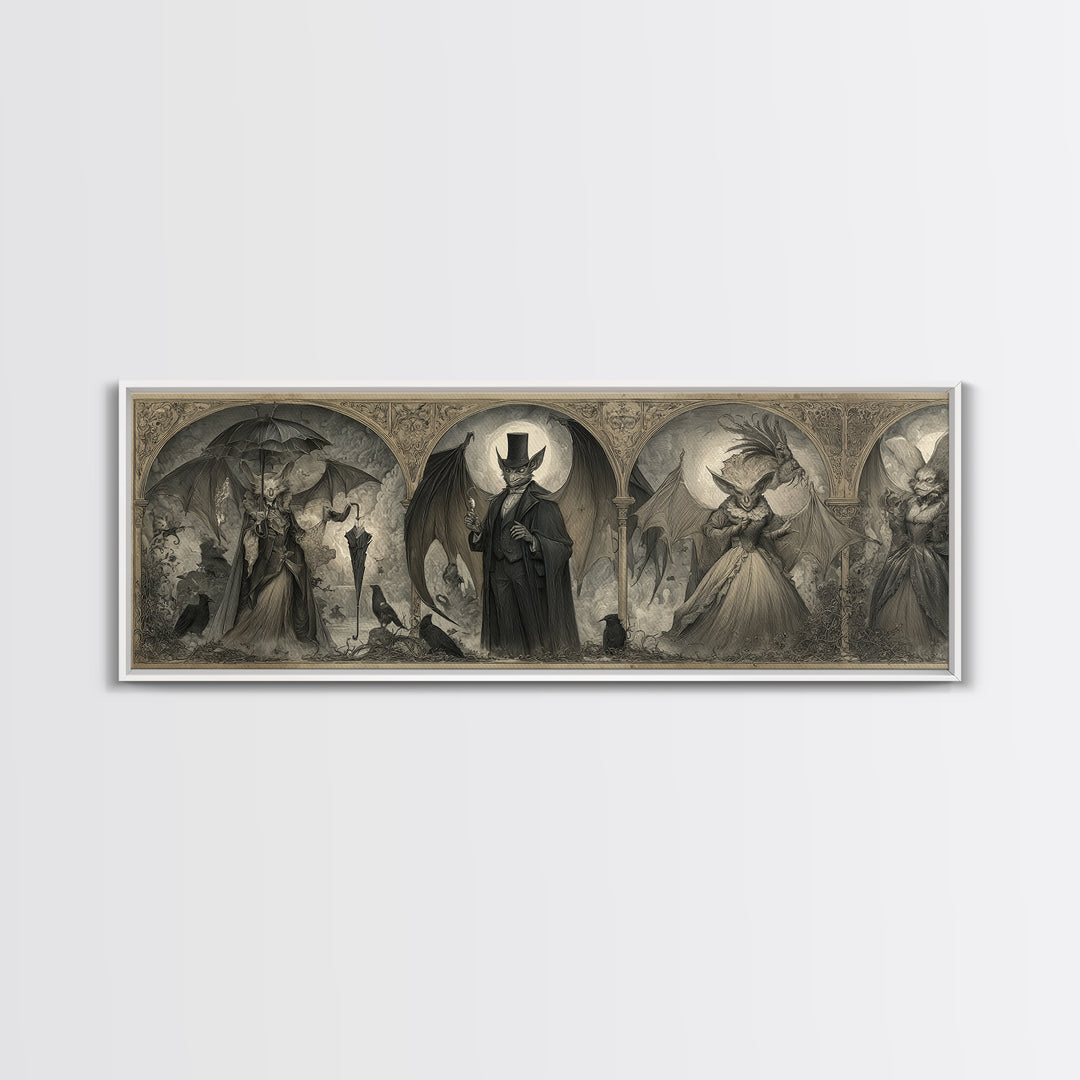 The Bat Umbrella Salesman, Visionary Gothic Art, Extra Wide Wall Art, Dark Halloween Decor, Framed Canvas Print, Halloween Wall Art