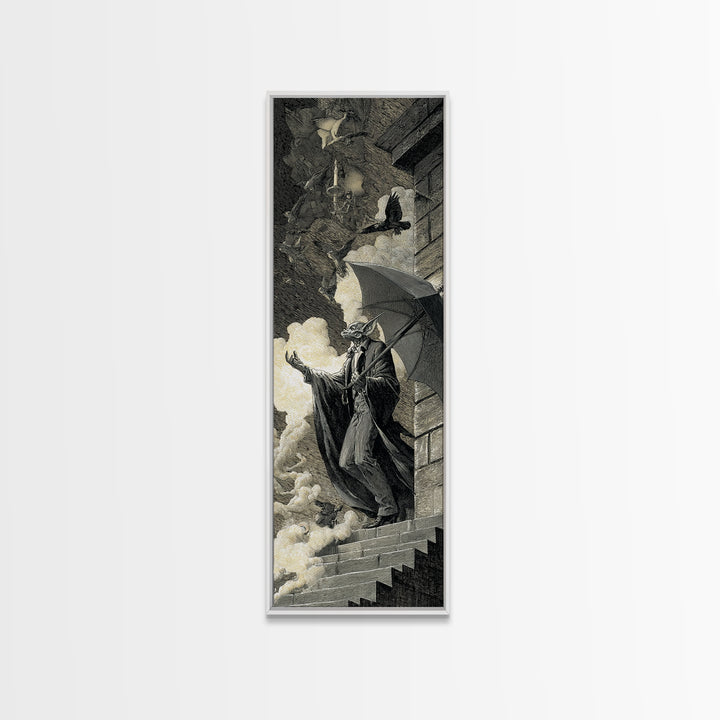 The Bat Umbrella Salesman, Architectural Etching Art, Tall Narrow Wall Art, Macabre Wall Art, Framed Canvas Print
