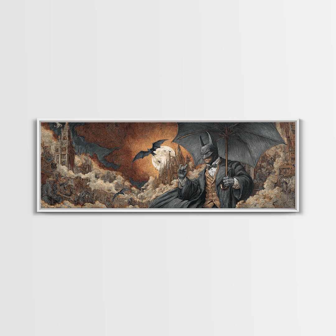 The Bat Umbrella Salesman, Apocalyptic Romantic Art, Extra Wide Wall Art, Macabre Wall Art, Framed Canvas Print, Halloween Wall Art