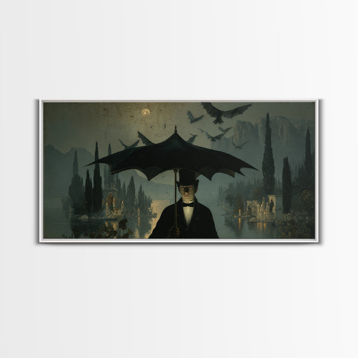 The Bat Umbrella Salesman, Symbolist Gothic Landscape, Wide Panoramic Art, Dark Halloween Decor, Canvas Print, Halloween Wall Art