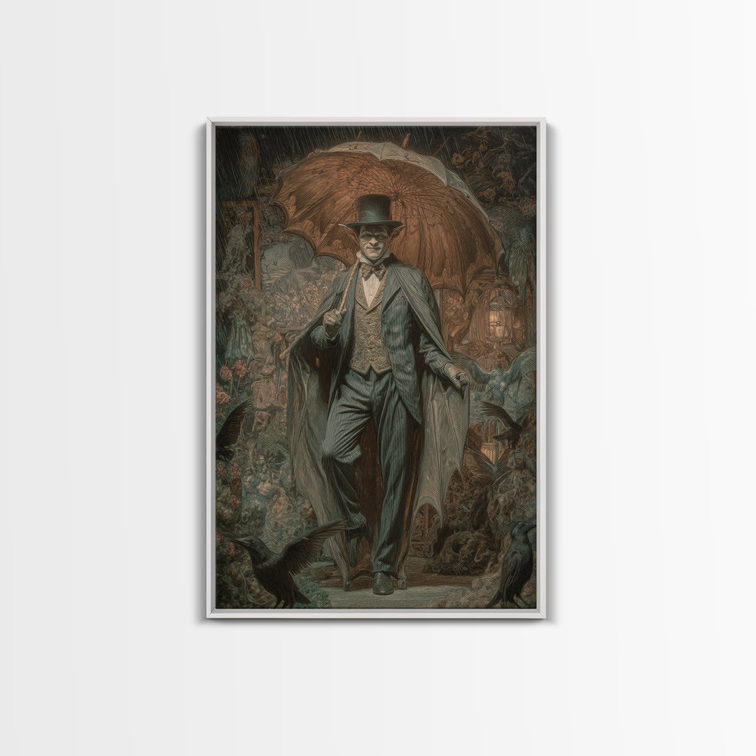 The Bat Umbrella Salesman, Ornate Symbolist Art, Vertical Wall Art, Gothic Horror Wall Art, Framed Canvas Print, Halloween Wall Art
