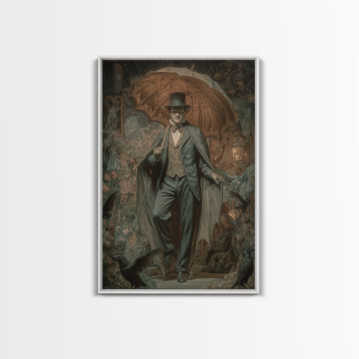 The Bat Umbrella Salesman, Ornate Symbolist Art, Vertical Wall Art, Gothic Horror Wall Art, Framed Canvas Print, Halloween Wall Art