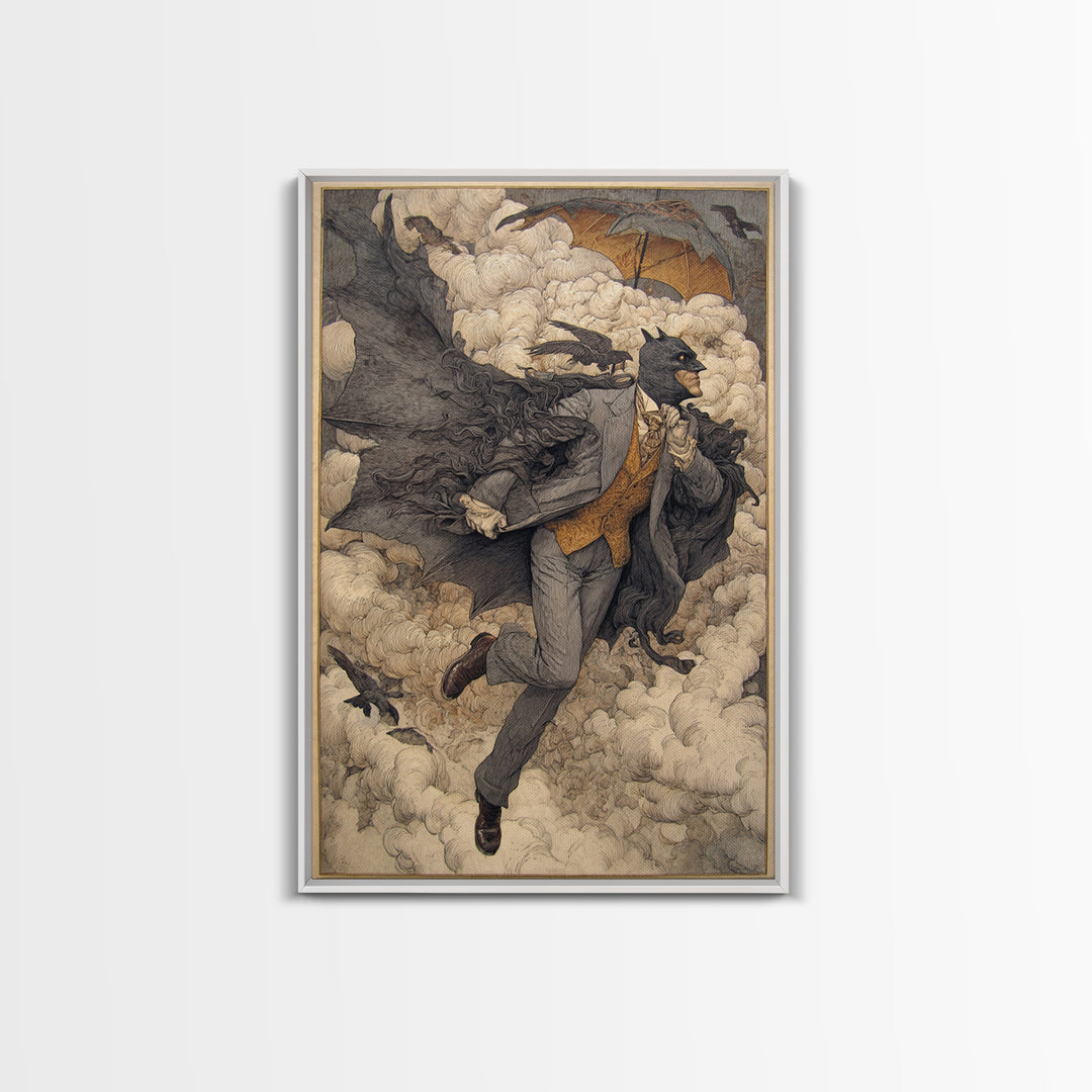 The Bat Umbrella Salesman, Symbolist Death Art, Vertical Wall Art, Dark Fantasy Wall Art, Canvas Print, Halloween Wall Art