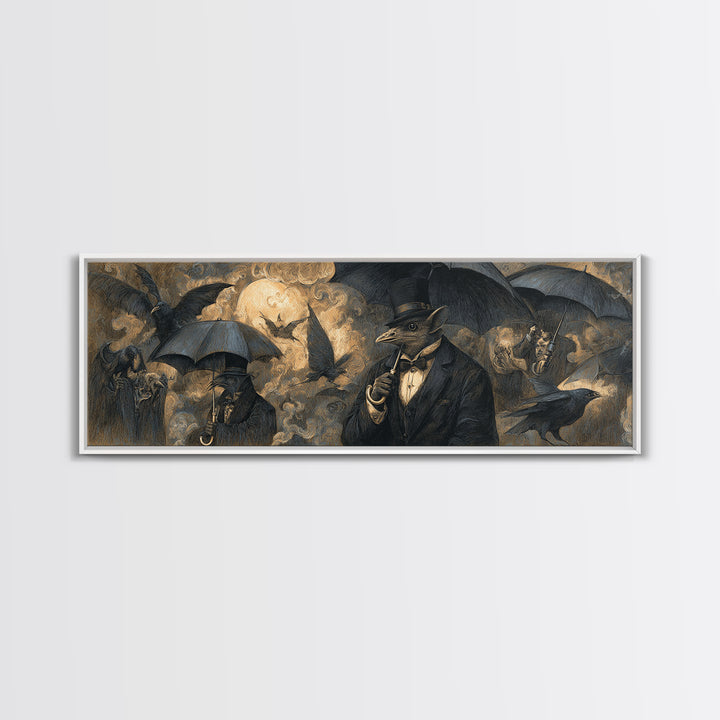 The Bat Umbrella Salesman, Expressionist Nightmare Art, Extra Wide Wall Art, Gothic Horror Wall Art, Canvas Print, Halloween Wall Art