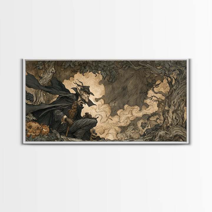 The Bat Umbrella Salesman, Gothic Storybook Art, Wide Panoramic Art, Dark Fantasy Wall Art, Framed Canvas Print, Halloween Wall Art