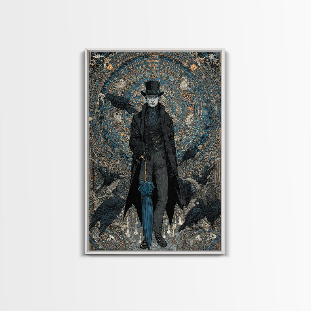 The Bat Umbrella Salesman, Stained Glass Gothic Art, Vertical Wall Art, Macabre Wall Art, Canvas Print, Halloween Wall Art, Halloween Decor
