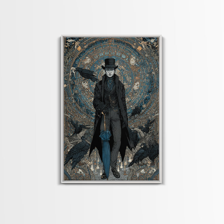 The Bat Umbrella Salesman, Stained Glass Gothic Art, Vertical Wall Art, Macabre Wall Art, Canvas Print, Halloween Wall Art, Halloween Decor