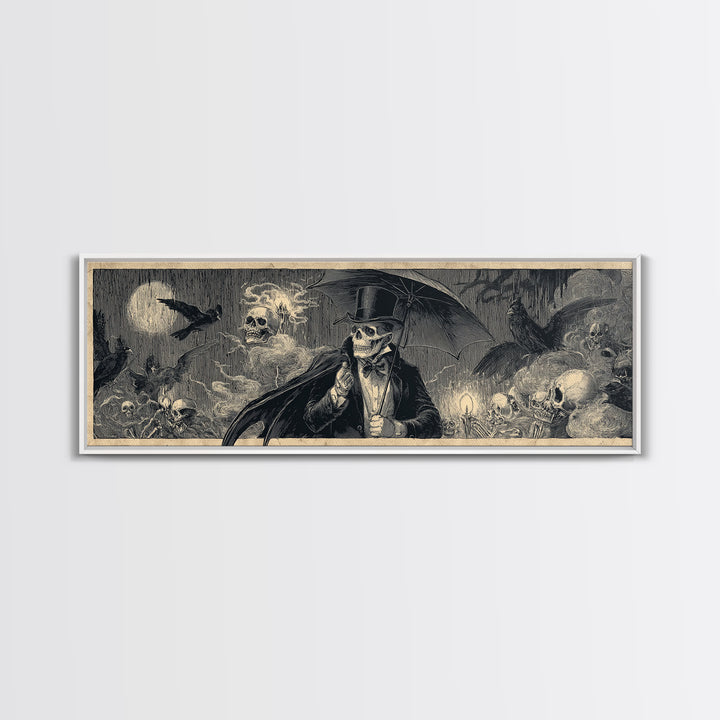 The Bat Umbrella Salesman, Macabre Folk Print Art, Extra Wide Wall Art, Dark Fantasy Wall Art, Canvas Print, Halloween Wall Art