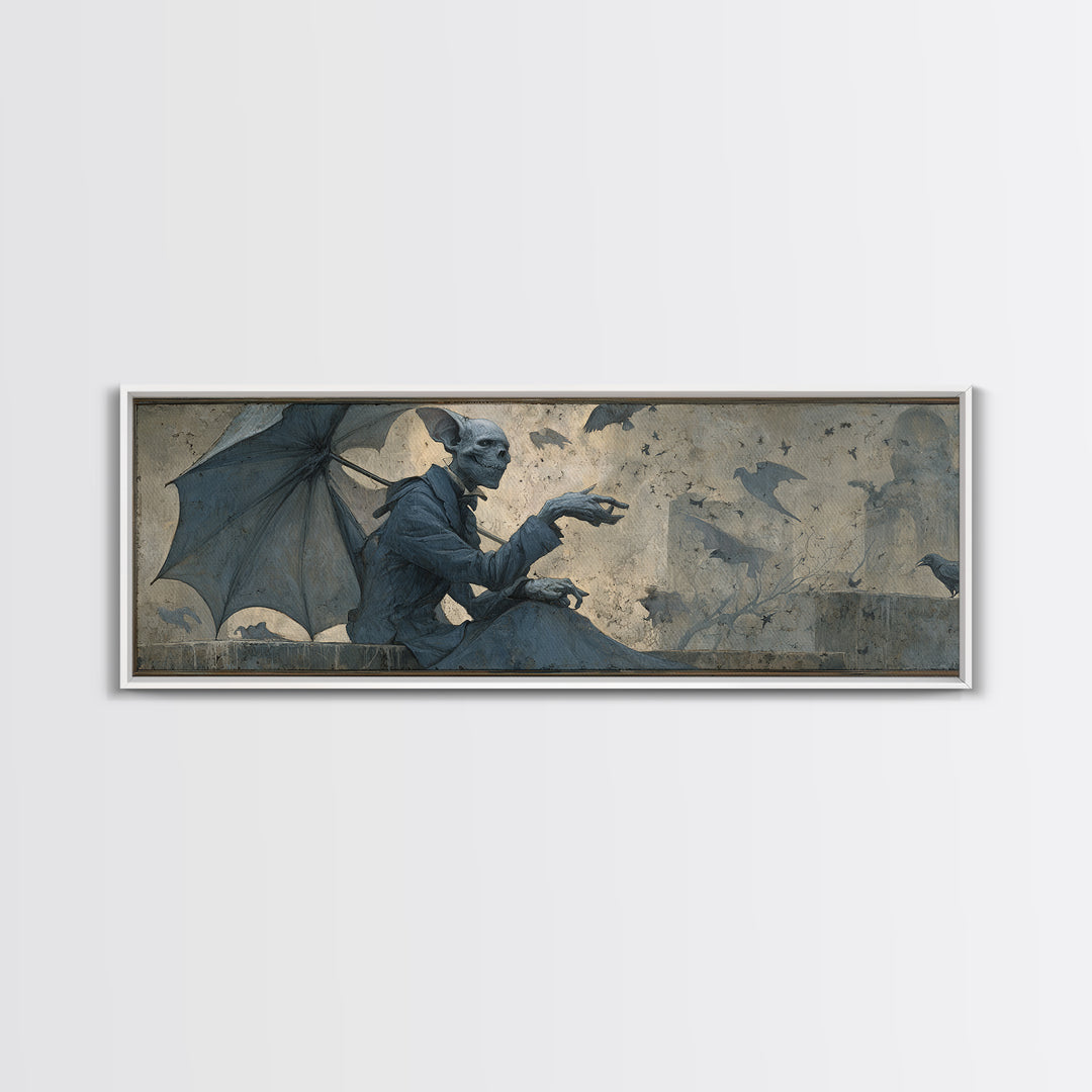 The Bat Umbrella Salesman, Surreal Apocalyptic Art, Extra Wide Wall Art, Macabre Wall Art, Framed Canvas Print, Halloween Wall Art