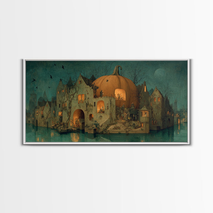 The Pumpkin-House Neighborhood, Medieval Grotesque Art, Wide Panoramic Art, Macabre Wall Art, Framed Canvas Print, Halloween Wall Art