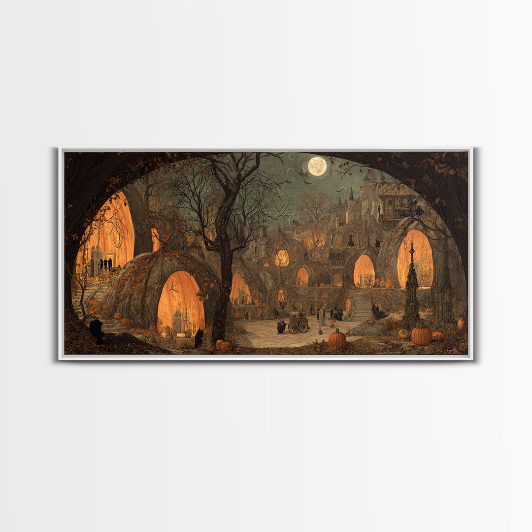The Pumpkin-House Neighborhood, Northern Renaissance Horror, Wide Panoramic Art, Dark Fantasy Wall Art, Framed Canvas Print