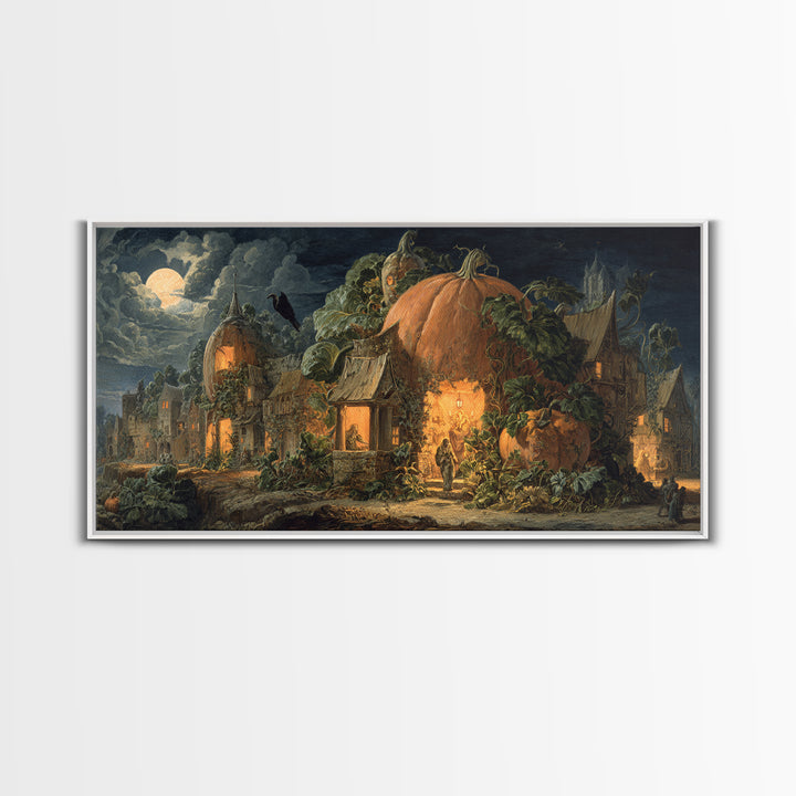 The Pumpkin-House Neighborhood, Dark Renaissance Art, Wide Panoramic Art, Dark Halloween Decor, Framed Canvas Print