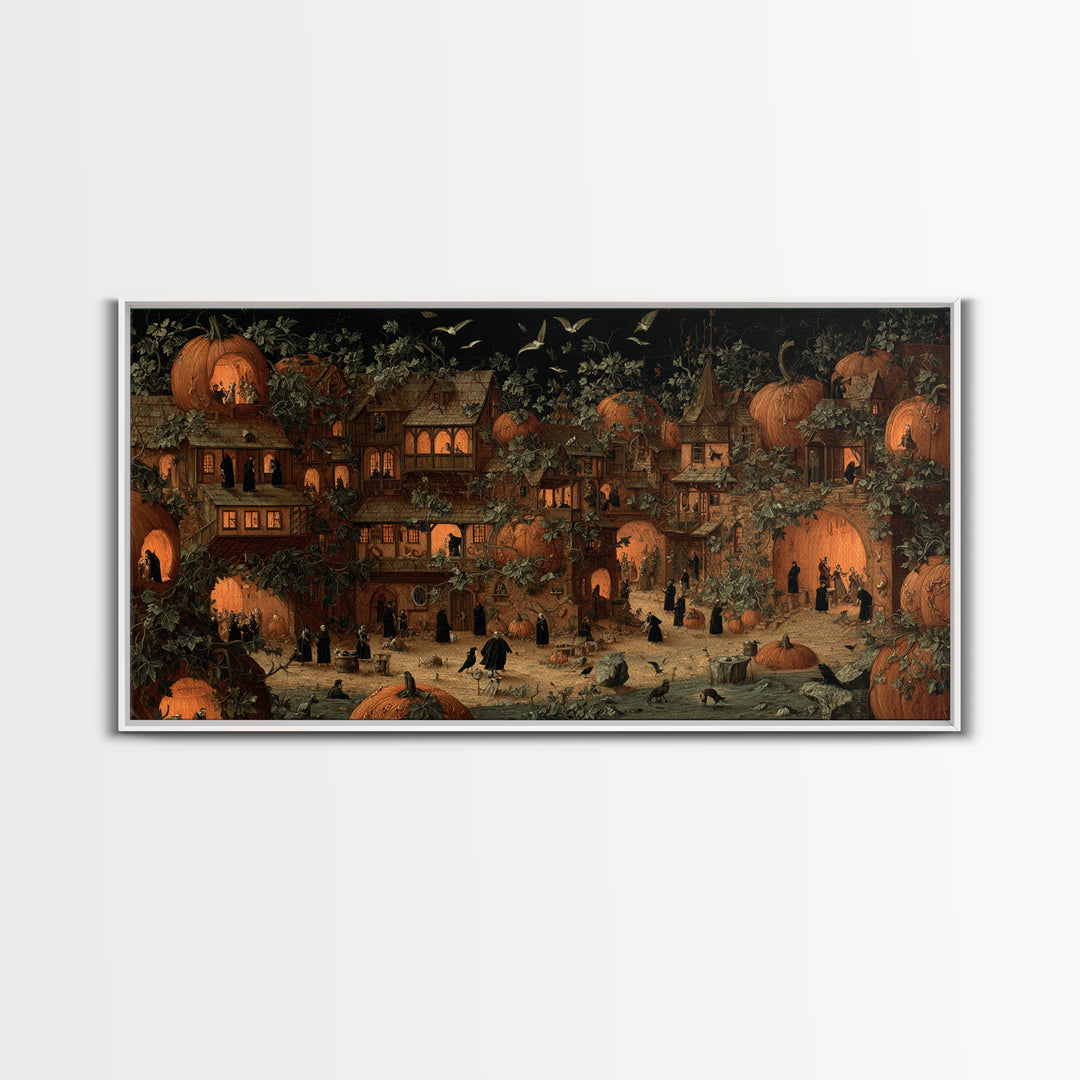 The Pumpkin-House Neighborhood, Danse Macabre Art, Wide Panoramic Art, Macabre Wall Art, Framed Canvas Print