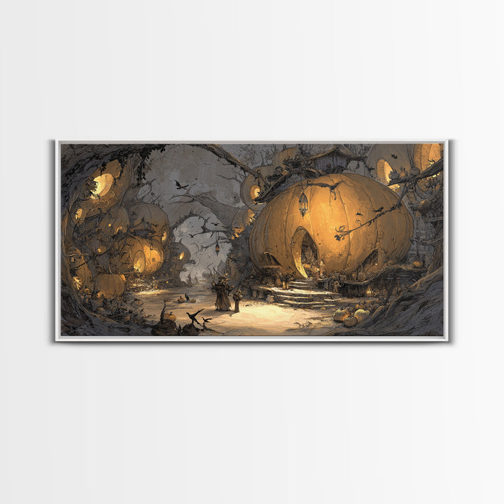 The Pumpkin-House Neighborhood, Baroque Witchcraft Art, Wide Panoramic Art, Dark Halloween Decor, Framed Canvas Print
