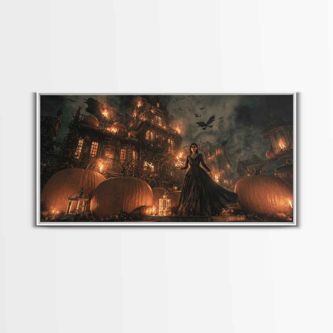 The Pumpkin-House Neighborhood, Visionary Gothic Art, Wide Panoramic Art, Macabre Wall Art, Framed Canvas Print, Halloween Wall Art