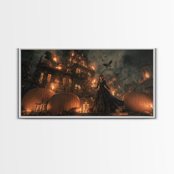 The Pumpkin-House Neighborhood, Visionary Gothic Art, Wide Panoramic Art, Macabre Wall Art, Framed Canvas Print, Halloween Wall Art