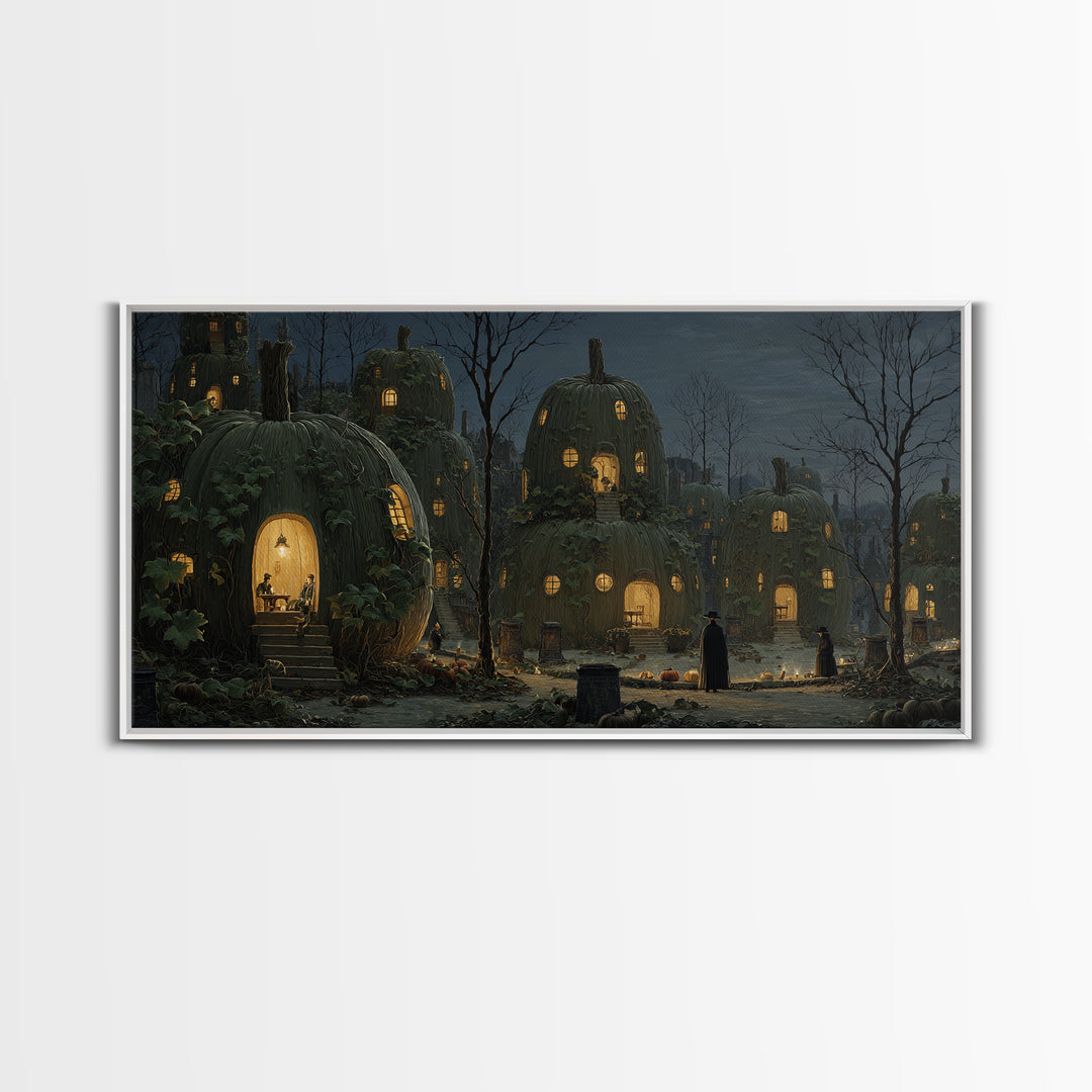 The Pumpkin-House Neighborhood, Romantic Gothic Landscape, Wide Panoramic Art, Macabre Wall Art, Framed Canvas Print