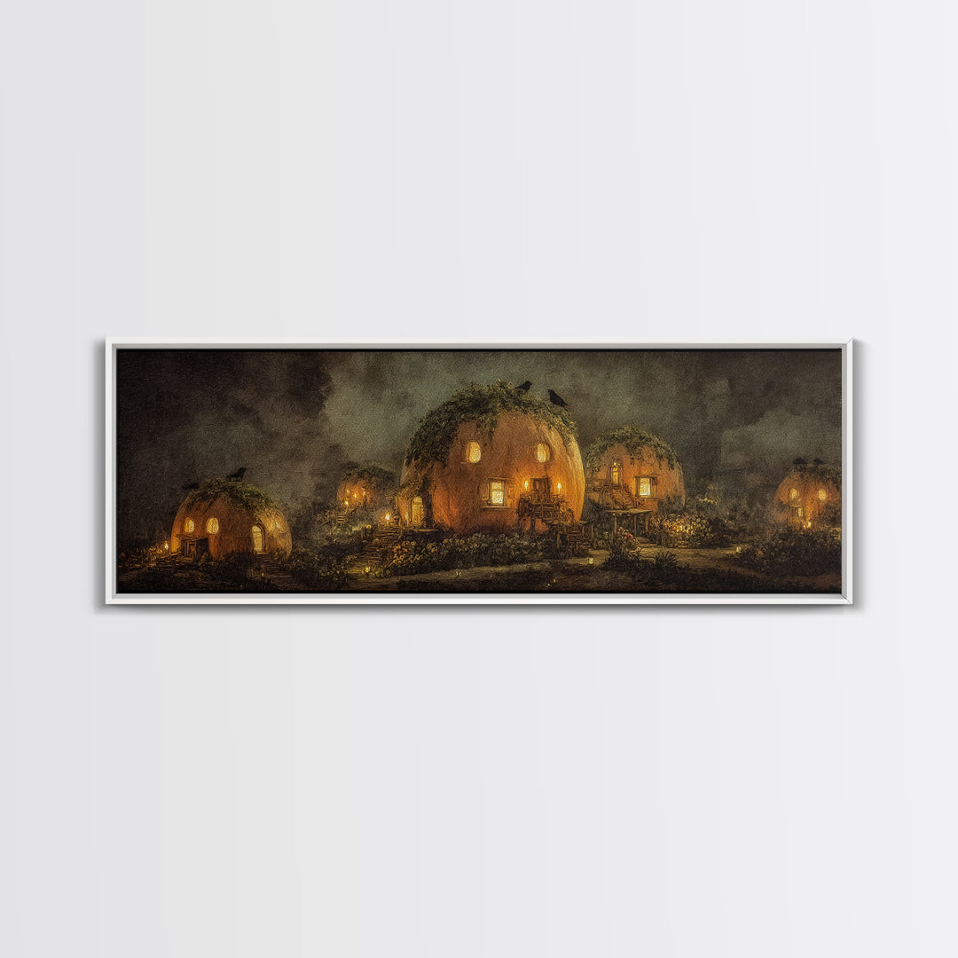The Pumpkin-House Neighborhood, Symbolist Dream Art, Extra Wide Wall Art, Dark Fantasy Wall Art, Framed Canvas Print, Halloween Decor