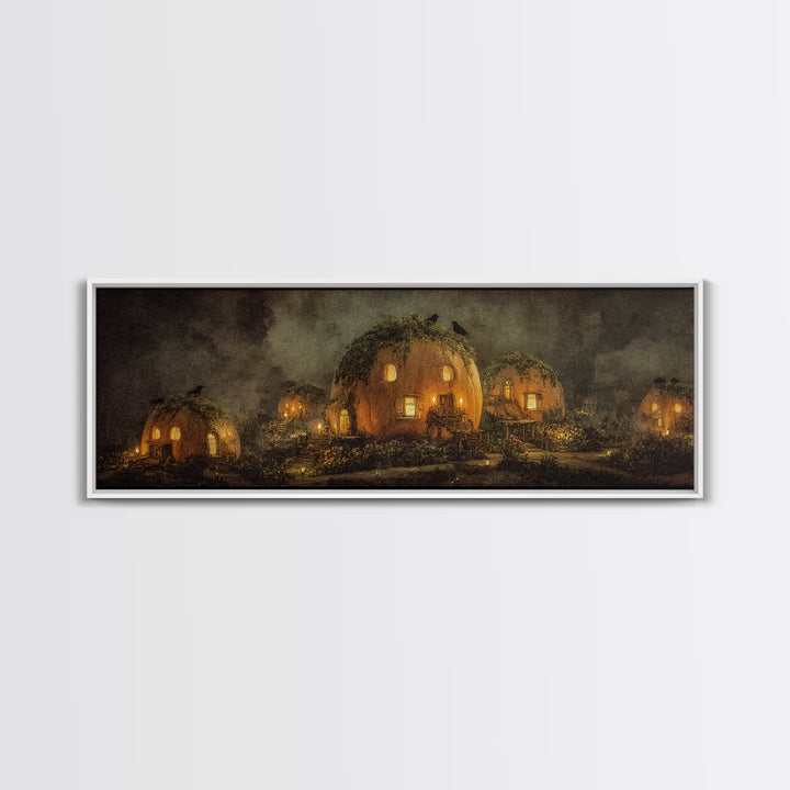 The Pumpkin-House Neighborhood, Symbolist Dream Art, Extra Wide Wall Art, Dark Fantasy Wall Art, Framed Canvas Print, Halloween Decor