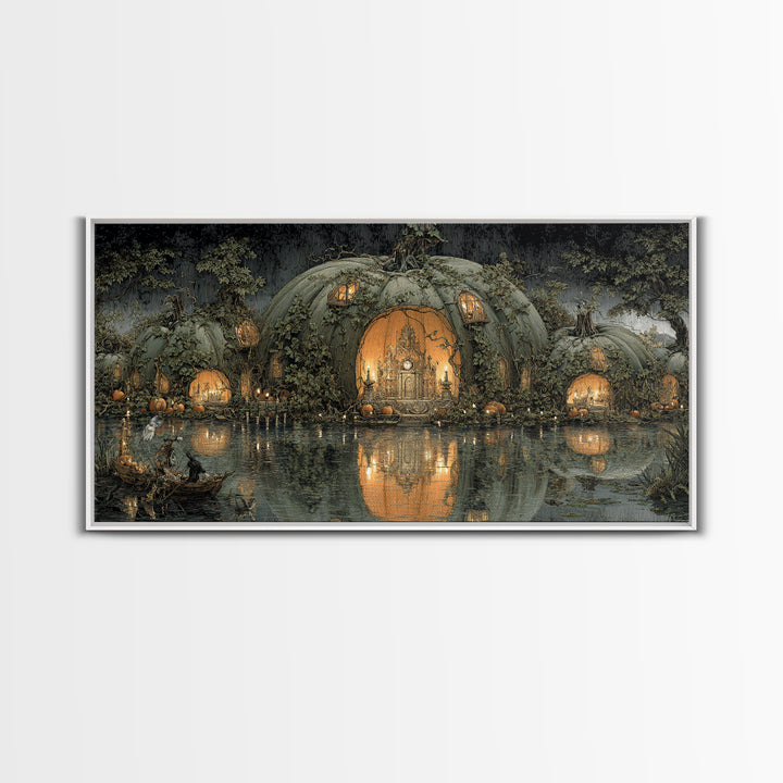 The Pumpkin-House Neighborhood, Symbolist Gothic Landscape, Wide Panoramic Art, Dark Halloween Decor, Canvas Print, Halloween Wall Art