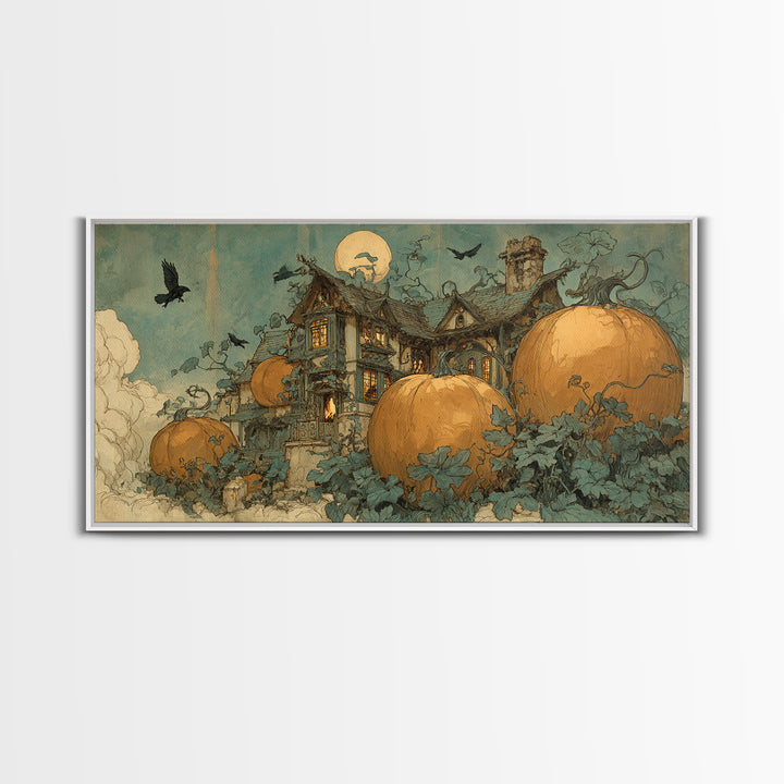 The Pumpkin-House Neighborhood, Decadent Gothic Art, Wide Panoramic Art, Dark Fantasy Wall Art, Framed Canvas Print