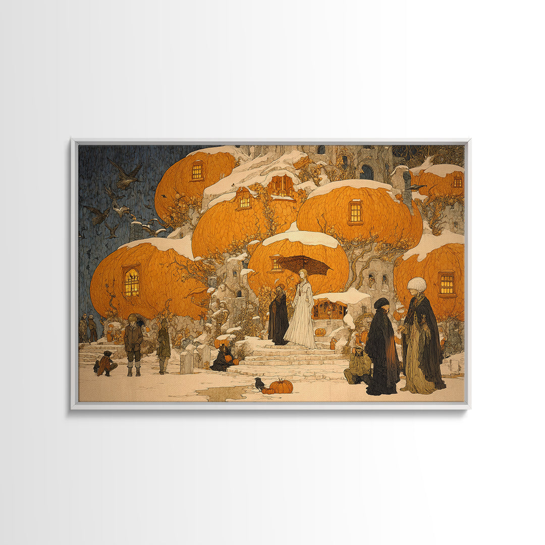 The Pumpkin-House Neighborhood, Symbolist Death Art, Landscape Wall Art, Macabre Wall Art, Framed Canvas Print, Halloween Wall Art