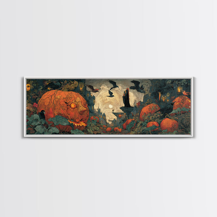 The Pumpkin-House Neighborhood, Dark Symbolist Art, Extra Wide Wall Art, Macabre Wall Art, Framed Canvas Print, Halloween Wall Art