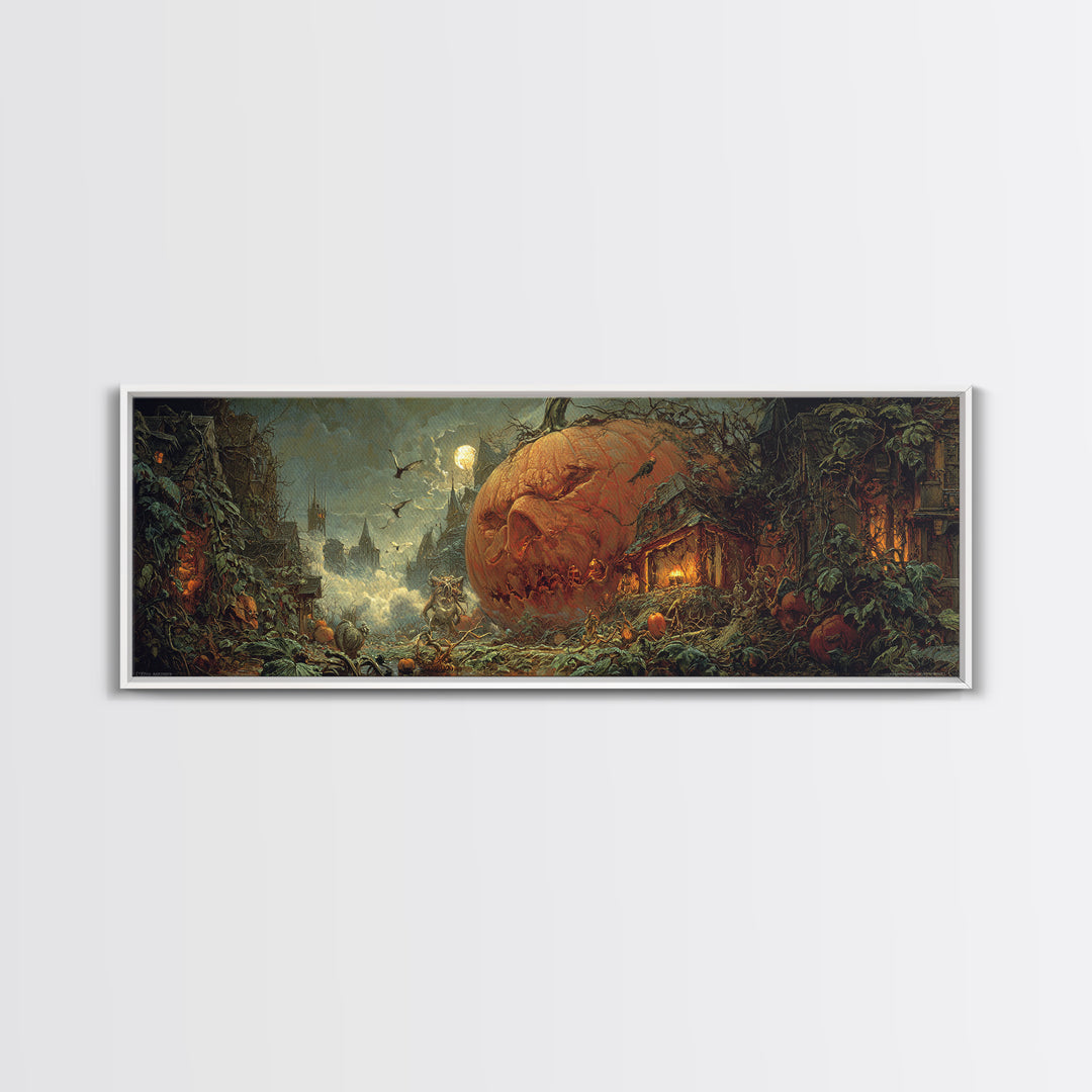 The Pumpkin-House Neighborhood, Symbolist Etching Art, Extra Wide Wall Art, Gothic Horror Wall Art, Framed Canvas Print, Dark Fantasy Art