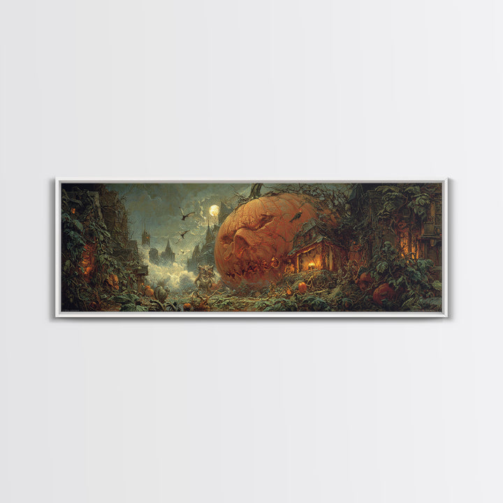 The Pumpkin-House Neighborhood, Symbolist Etching Art, Extra Wide Wall Art, Gothic Horror Wall Art, Framed Canvas Print, Dark Fantasy Art
