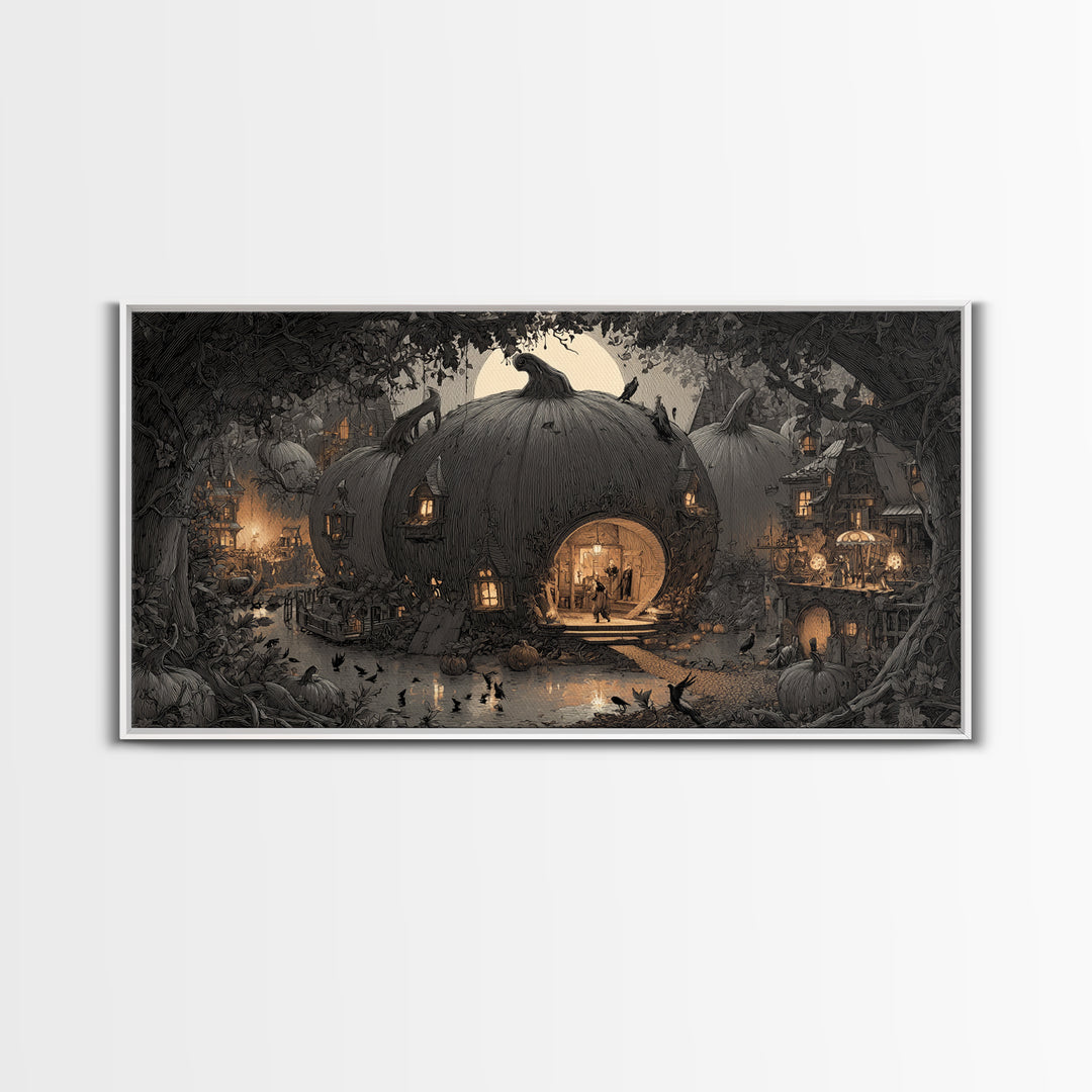 The Pumpkin-House Neighborhood, Expressionist Nightmare Art, Wide Panoramic Art, Gothic Horror Wall Art, Framed Canvas Print