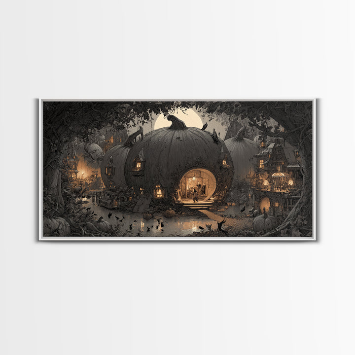 The Pumpkin-House Neighborhood, Expressionist Nightmare Art, Wide Panoramic Art, Gothic Horror Wall Art, Framed Canvas Print