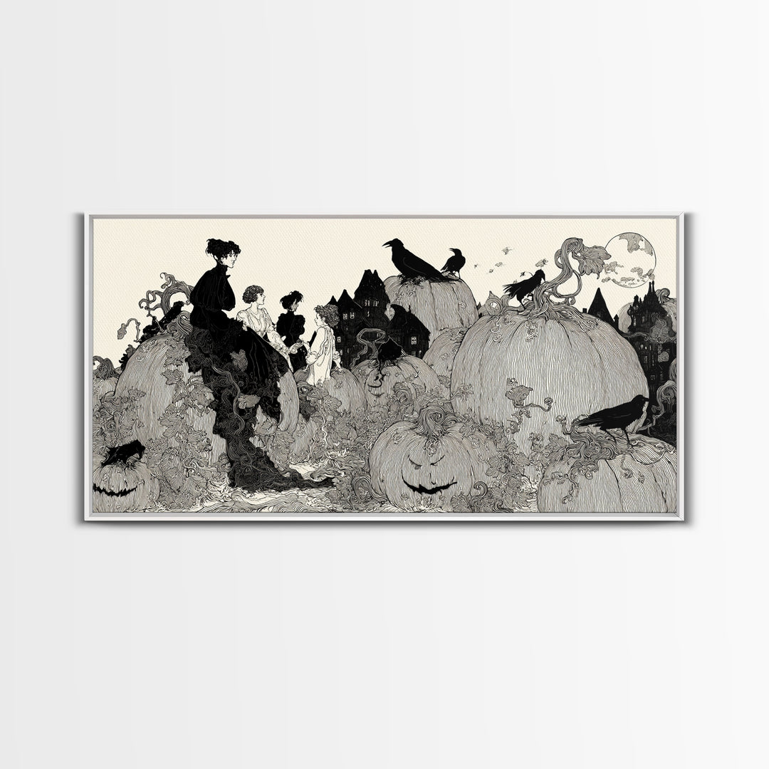 The Pumpkin-House Neighborhood, Decadent Line Art, Wide Panoramic Art, Dark Fantasy Wall Art, Framed Canvas Print