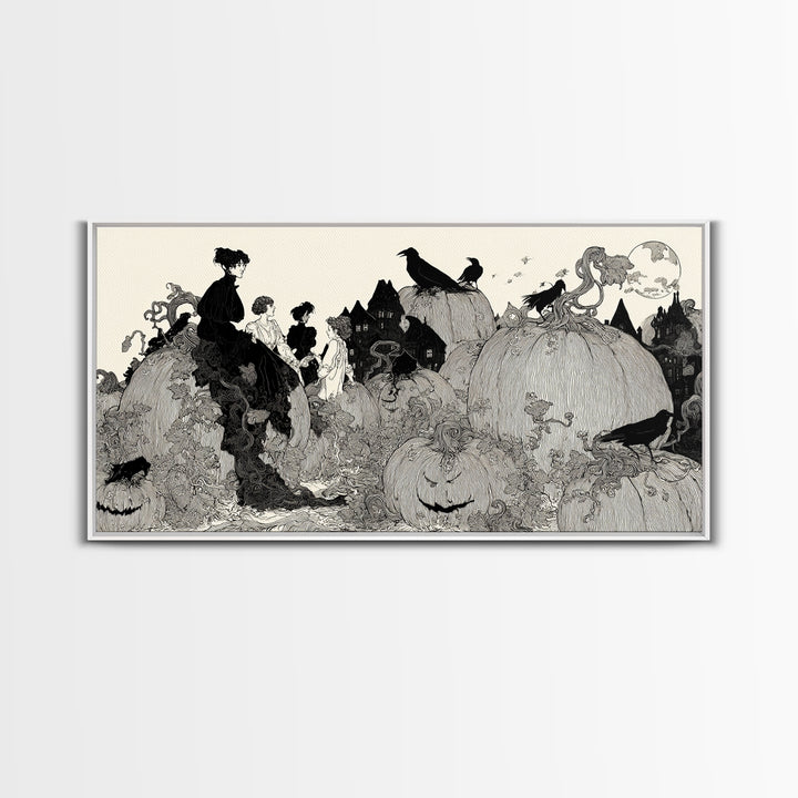 The Pumpkin-House Neighborhood, Decadent Line Art, Wide Panoramic Art, Dark Fantasy Wall Art, Framed Canvas Print