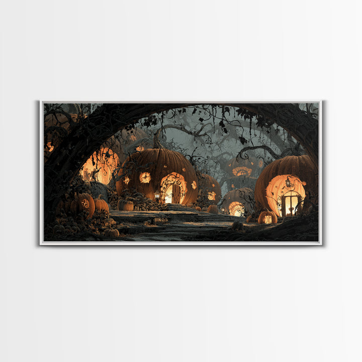 The Pumpkin-House Neighborhood, Macabre Folk Print Art, Wide Panoramic Art, Macabre Wall Art, Framed Canvas Print