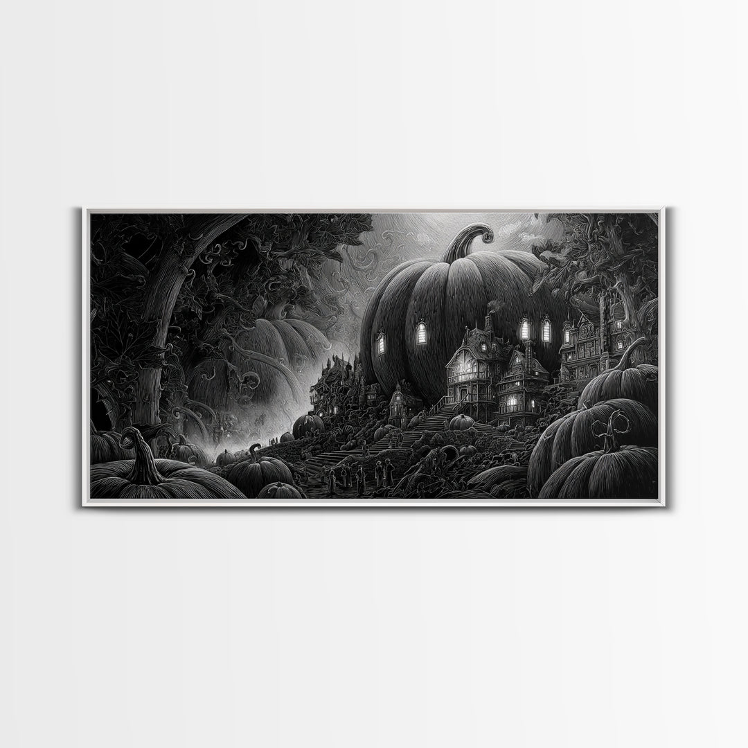 The Pumpkin-House Neighborhood, Biomechanical Horror Art, Wide Panoramic Art, Dark Halloween Decor, Framed Canvas Print, Halloween Wall Art