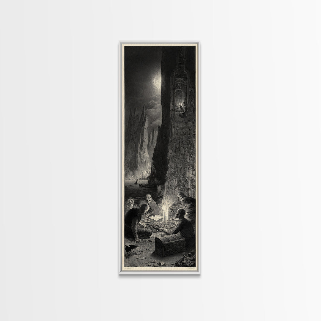 The Ghost Pirate Picnic, Gothic Engraving Art, Tall Narrow Wall Art, Dark Fantasy Wall Art, Framed Canvas Print, Halloween Wall Art