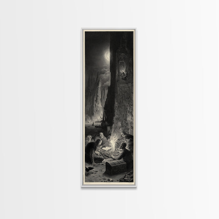 The Ghost Pirate Picnic, Gothic Engraving Art, Tall Narrow Wall Art, Dark Fantasy Wall Art, Framed Canvas Print, Halloween Wall Art