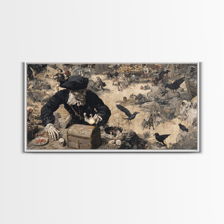 The Ghost Pirate Picnic, Northern Renaissance Horror, Wide Panoramic Art, Macabre Wall Art, Framed Canvas Print