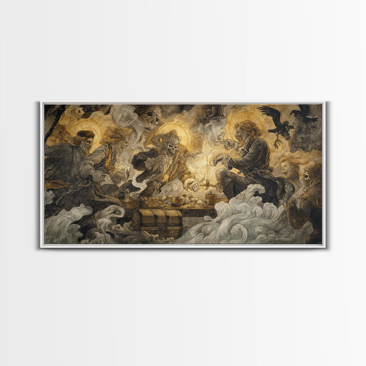 The Ghost Pirate Picnic, Dark Renaissance Art, Wide Panoramic Art, Dark Fantasy Wall Art, Canvas Print, Halloween Wall Art