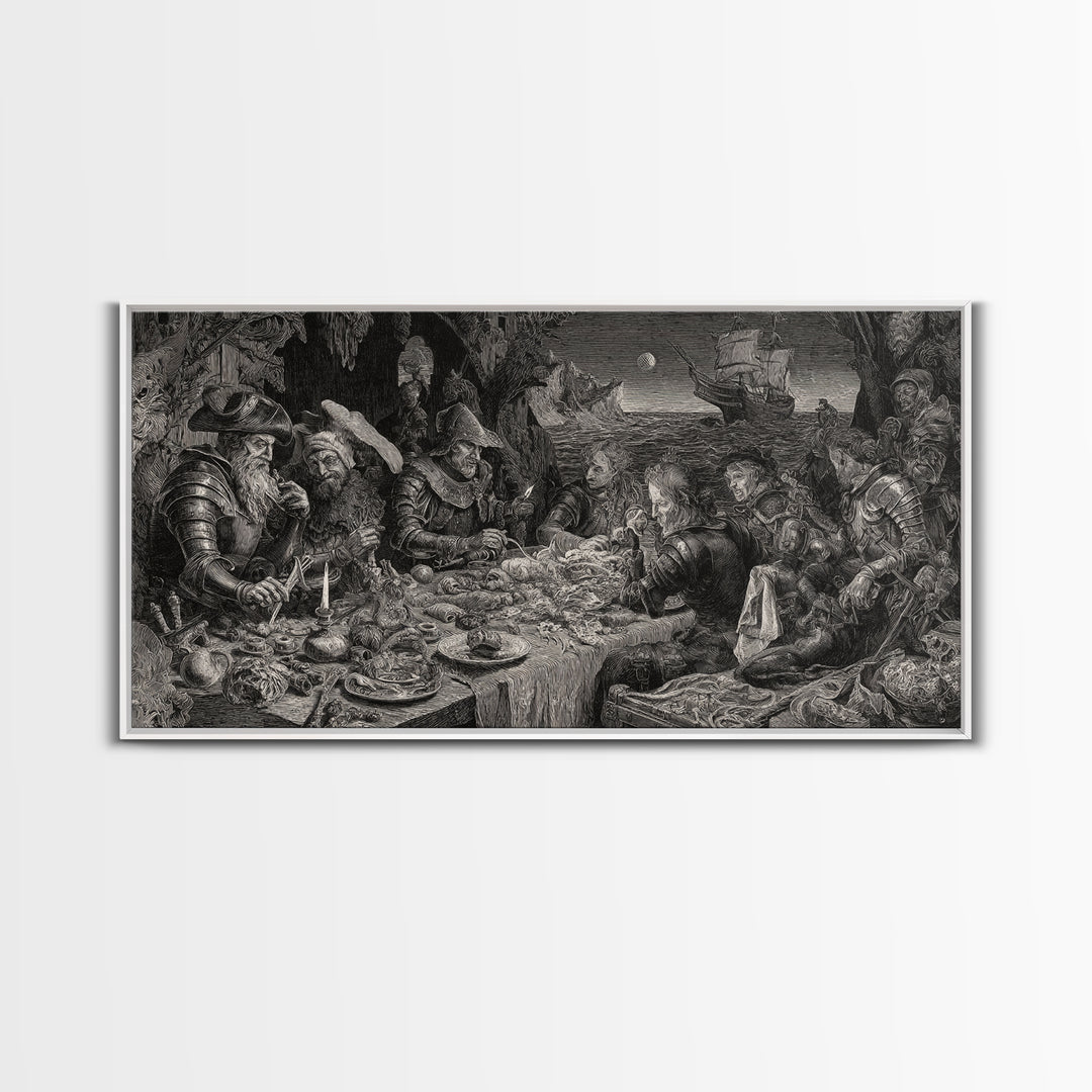 The Ghost Pirate Picnic, Renaissance Engraving Art, Wide Panoramic Art, Gothic Horror Wall Art, Canvas Print, Halloween Wall Art
